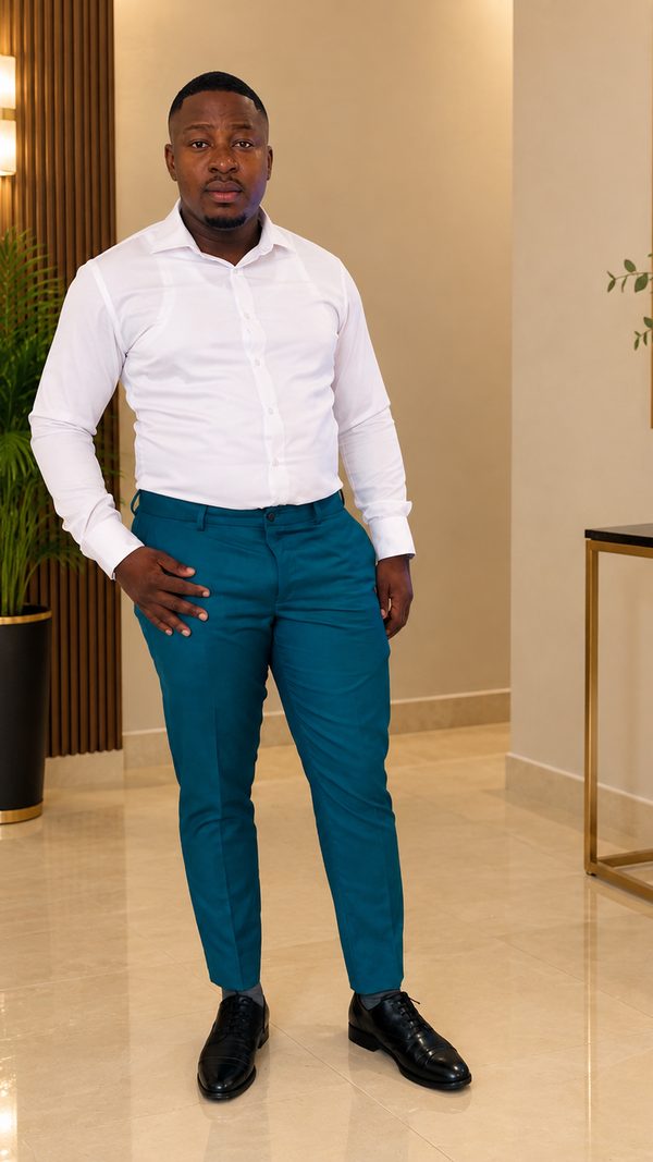 Parice en chemise blanche et pantalon bleu canard, dans un hall aux tons dorés